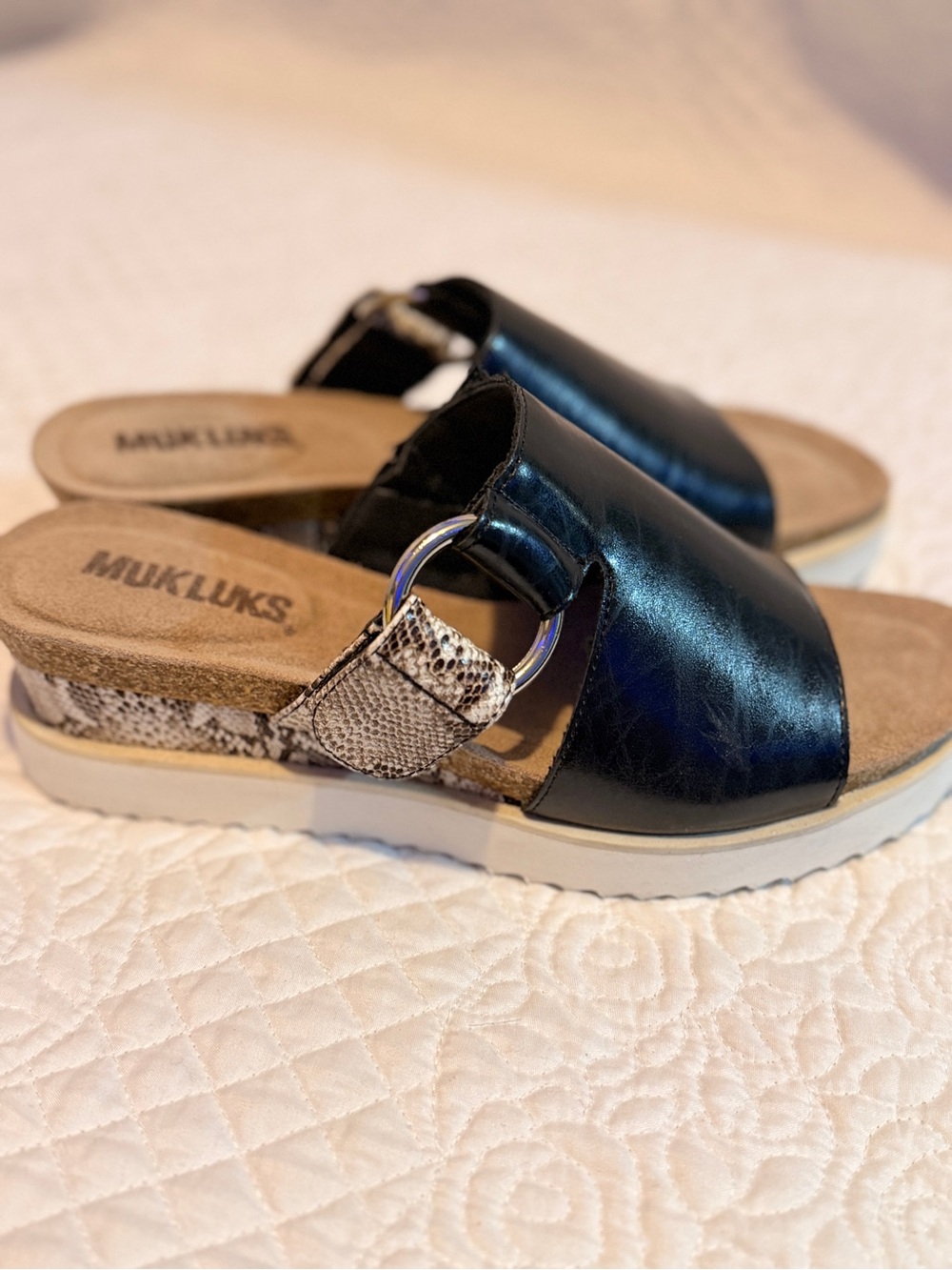 Muk Luks Black Slide Wedges with Snake-Print Accent